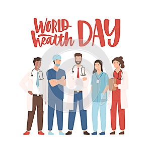 World Health Day banner with elegant lettering and group of happy medical staff, medicine workers, physicians, doctors