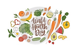 World Health Day celebratory banner with elegant lettering surrounded by whole nutrient foods, raw fresh organic fruits