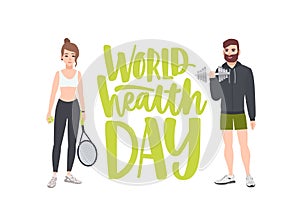 World Health Day celebratory banner with people performing physical exercise, fitness workout, sports, male bodybuilder
