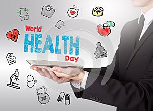 World health day concept. Healty lifestyle background. Man holding a tablet computer