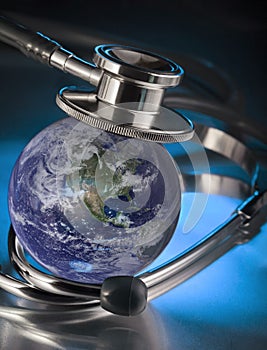World Health Day Concept, metal Stethoscope, on globe