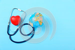 World health day concept, Stethoscope, globe and red heart