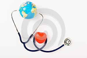 World health day concept, Stethoscope, globe and red heart