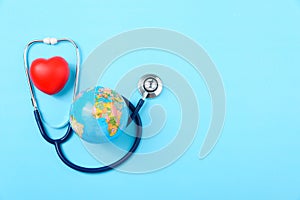 World health day concept, Stethoscope, globe and red heart