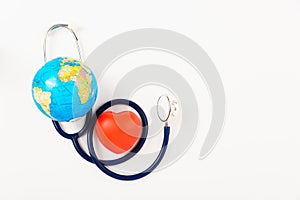 World health day concept, Stethoscope, globe and red heart