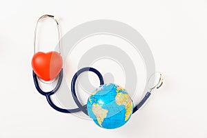 World health day concept, Stethoscope, globe and red heart