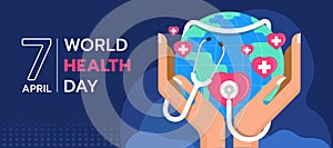 World health day - hand hold globle world with stethoscope rolling and pink heart cross sign around on blue background vector