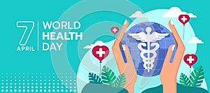 World health day - hands holding Caduceus Healthcare Medical Symbol on circle globle world and red heart balloons vector design