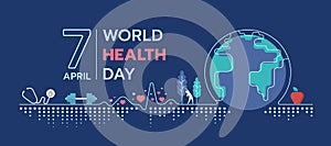 World health day - heart beat wave line connect to globe world with hearts symbol, stethoscope, dumbbell, exercise person and