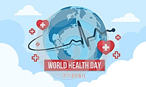 World health day with Heart rhythm wave around circle globle world and cross in red heart sign on sky vector design