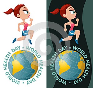 World Health Day illustration with globe and running sports girl.