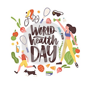World Health Day inscription with bundle of elements and characters of healthy life. People exercising, running, riding