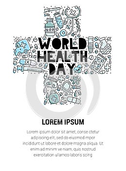 World Health Day. Lettering with doodles in a cross medicine shape