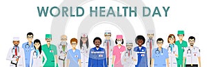 World Health Day. Medical concept. Detailed illustration of doctor and nurses in flat style isolated on white background.