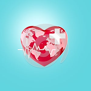 World Health Day. Red colour heart shape earth on blue background