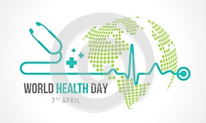 World Health Day - stethoscope made line Heart rhythm wave and plus cross sign on green dot circle globle world sign vector design