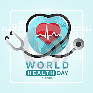 World Health Day - Stethoscope rolling heart line around world with red heart and heart rhythm wave line sign on soft blue