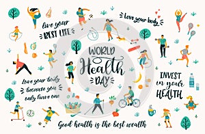 World Health Day. Vector illustration with people leading an active healthy lifestyle and quotes.