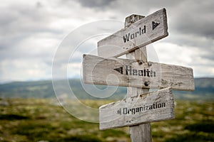 world, health and organization text on wooden signpost outdoors in nature.