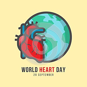 World heart day banner with human heart and globe Line Filled style on yellow background vector design