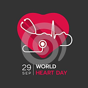 World heart day banner - white Stethoscope with line are heart wave around red heart sign on black background vector design