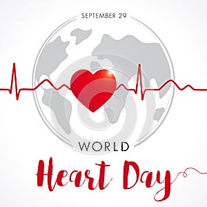 World Heart Day card, heart and cardio pulse trace on globe