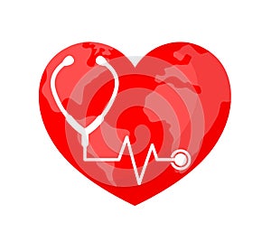 World heart day concept. Globe in heart shape design with stethoscope. photo