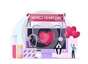 World Heart Day Concept, Tiny Male Female Characters at Huge Monitor with Heartbeat Pulse, Stethoscope and Medicine