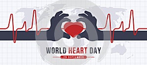 World heart day dark hands hold red heart sign with line heart wave around on world map texture background vector design