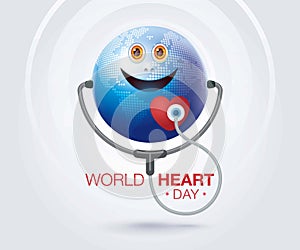World heart day illustration concept, Smiling happy globe world with Stethoscope Sign