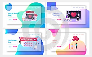 World Heart Day Landing Page Template Set. Tiny Characters at Huge Monitor with Heartbeat Pulse Stethoscope and Medicine