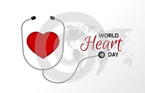 World heart day poster. Illustration of stylized red human heart with stethoscope