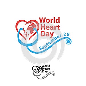 World heart day with red, blue, dark grey heart and world sign vector design