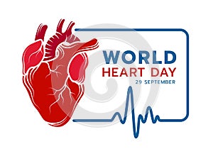 World heart day with red Real human heart Drawing sign line and blue frame Of Heart Rhythm Or Heart Wave vectir design