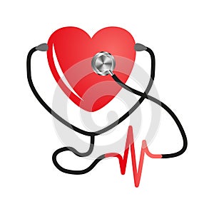 World heart day. Stethoscope Of Heart. Flat Vector on isolated white background. Medical service design, cardiogram.