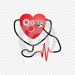 World heart day. Stethoscope Of The Heart. Gear mechanism in the heart. Artificial heart. Vector. Medical service design, ECG.