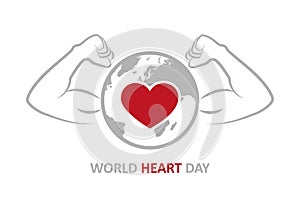 World heart day strong heart with muscular arms