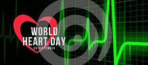 World heart day text and red heart shape sign on green cardiology wave line light perspective monitor and line grid texture