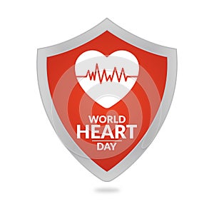 World Heart Day. Vector illustration. Red shield with heart and pulse.