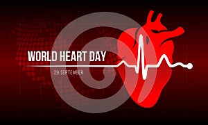 World heart day - white Heart rhythm wave and red human heart sign on dot circle globle world texture background vector design