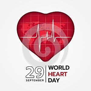 World heart day - white line heart wave in red heart sign with world map texture vector design