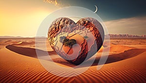 world with heart shape in the desert, love the earth, generative ai. photo