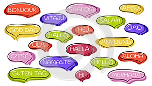 World hello day November 21 in line art style. Speech bubbles. Different languages of world hello collection. Icons for