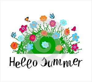 Hello Summer hand drawn lettering phrase with floral compositin on white background. photo