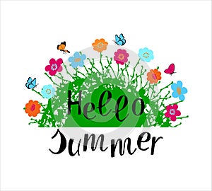 Hello Summer hand drawn lettering phrase with floral compositin on white background. photo