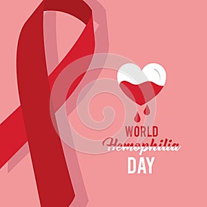 World hemophilia day card ribbon emblem heart blood