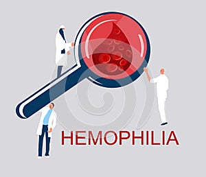 World Hemophilia Day concept. Coagulation and blood clotting problem. Magnifier with cancer blood full of cells. photo