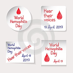 World Hemophilia Day theme. Set of stickers, banners of different shapes: round, square, rectangle. Inscriptions and drops of bloo