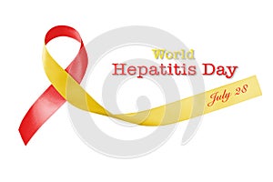 World hepatitis day and HIV/ HCV co-infection awareness with red yellow ribbon  isolated  with clipping path on white background