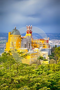 World Heritage. Ancient Pena Palace of King Family in Sintra, Portugal. Focus on Foreground